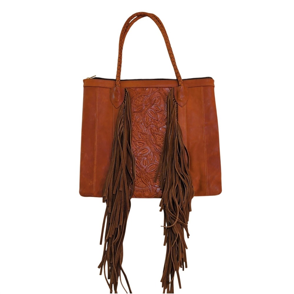 Puro Utz Pin Pin Hand Tooled Leather Tote Bag Floral Fringe Braided Straps